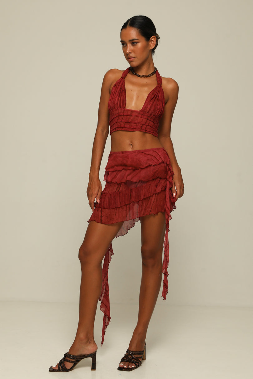 Asymmetric Ruffle Skirt Hibiscus